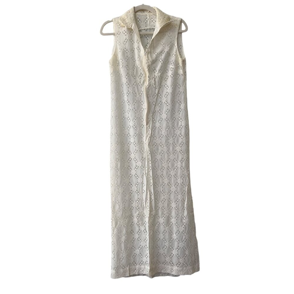 Vintage 1970s Floral Lace Sleeveless Maxi Dress Womens 4 Cream Fairy Coquette